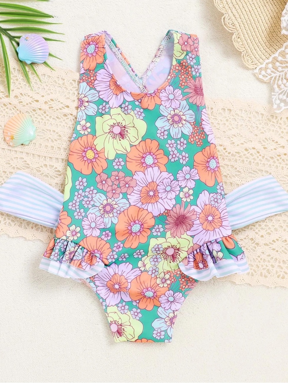 One Piece Big Bow Swimsuit Ruffle Blue Striped Floral Toddler Girls 3T 4T 3-4T